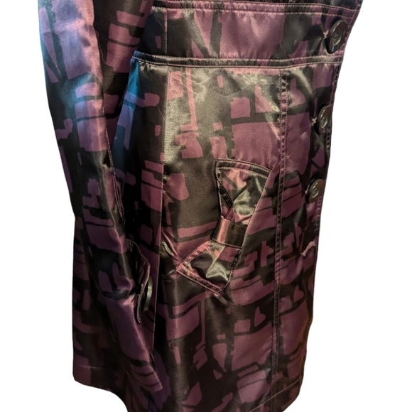 Nick & Mo Anthropology purple/ black satin ruffle collar unique trenchcoat sz S - Picture 3 of 13